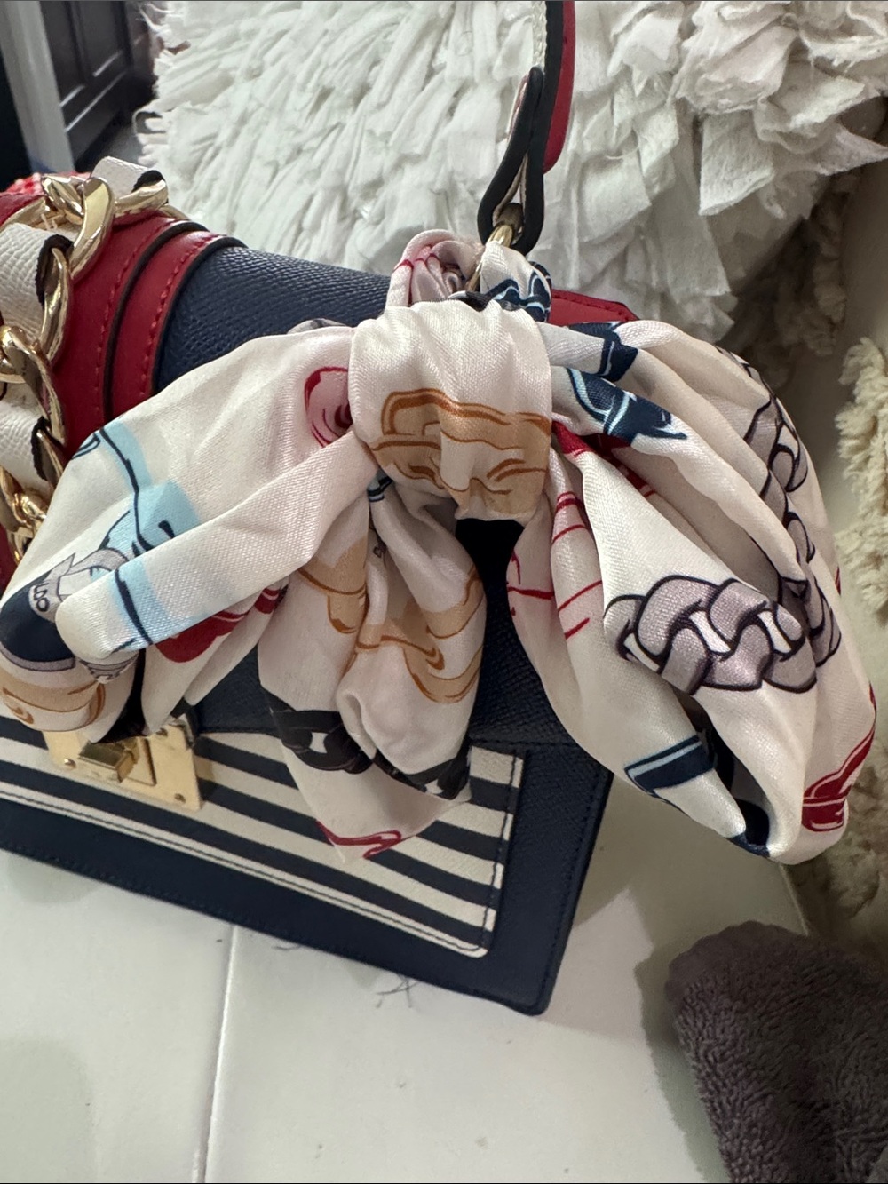 ALDO Navy and White Striped Top-Handle Satchel with Red Accent - Picture 3 of 7